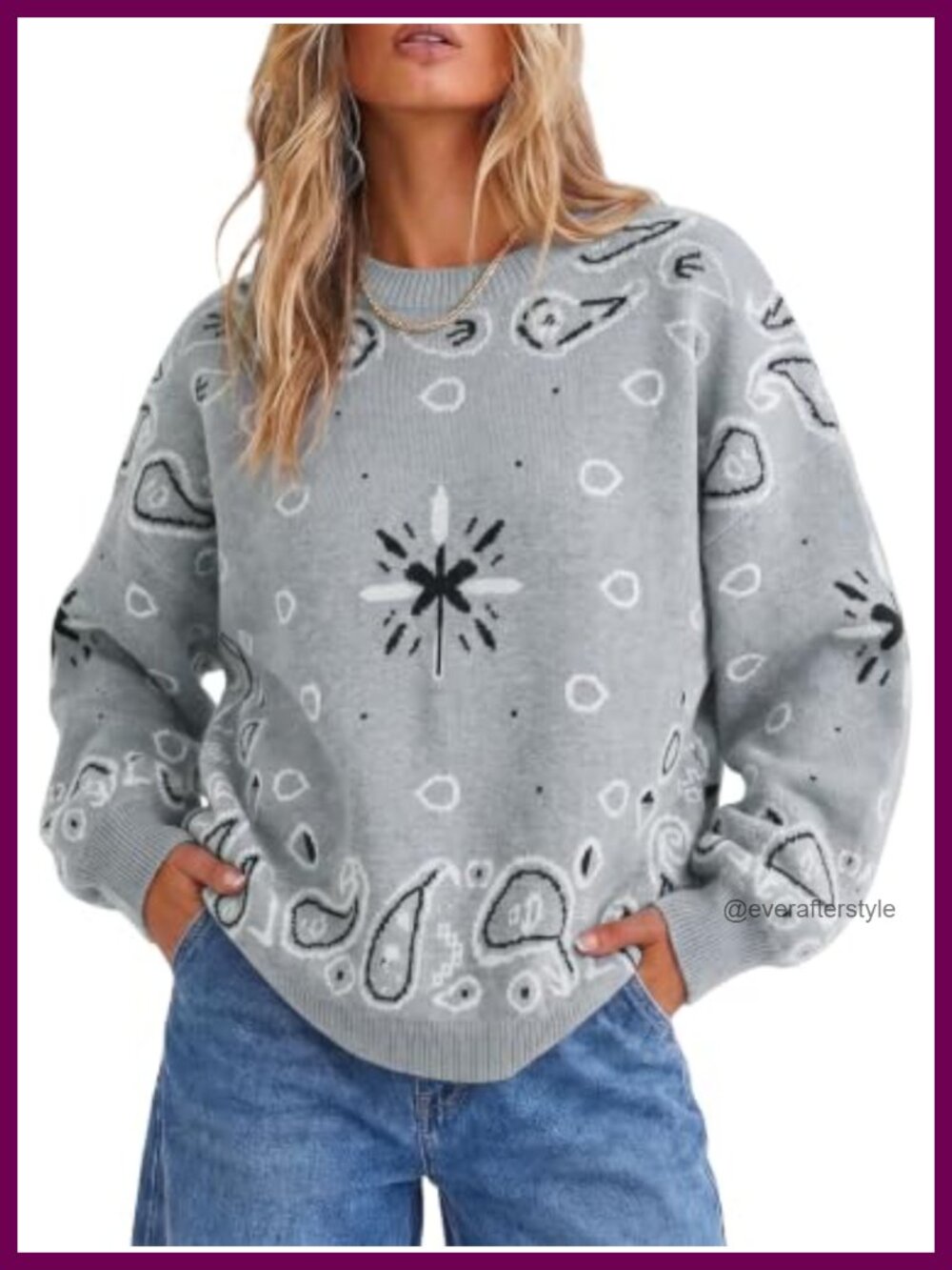 Women's Paisley Bandana Print Knit Pullover Sweater Long Sleeve Crew Neck
